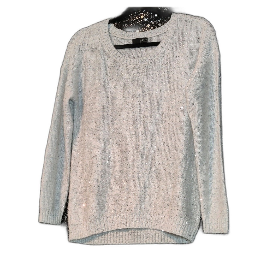 ana A New Approach Silver Sequin Metallic Knit Crew‎ Neck Sweater Womens Medium